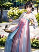 A woman in a long dress holding a bird on a plate.