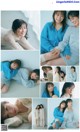 A collage of photos of a woman in a blue sweater.