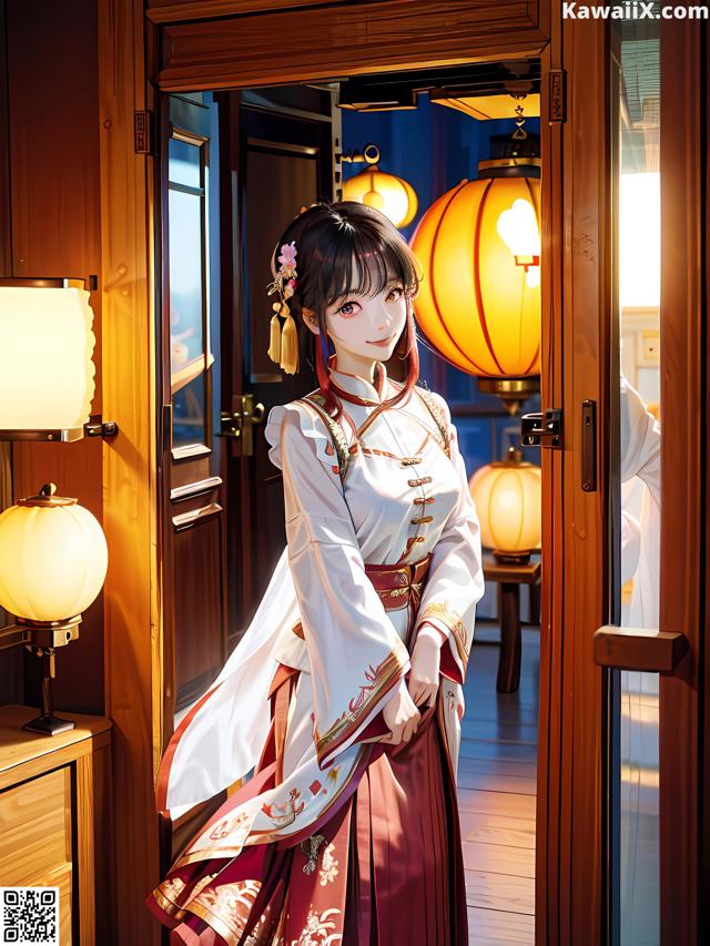 A woman in a kimono standing in front of a door.