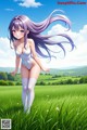 A girl in a white bathing suit standing in a grassy field.